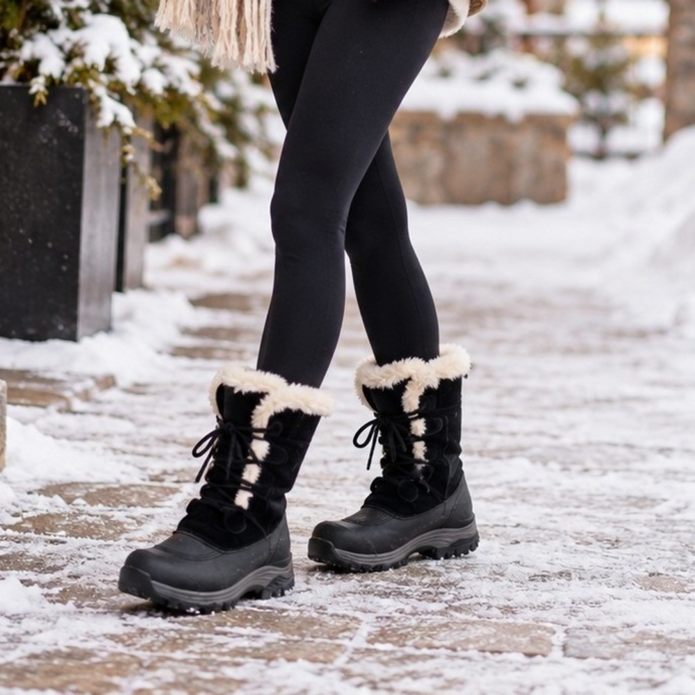 Lands End Womens Black Faux Fur Lined Snow Boots Size 11B 406463 F3660